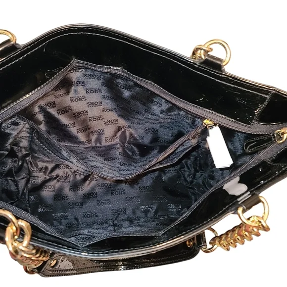 MICHAEL KORS NWT Delancy Signature Black Patent Leather Shoulder Tote Medium - Picture 5 of 16